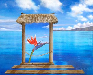 Sharon Ebert; Hidden Paradise, 2006, Original Painting Acrylic, 30 x 24 inches. Artwork description: 241     surreal, surrealism, seascape, hibiscus, hut, bure, posts, rope, blue, mountains, clouds water, mountains, window, room, sky, Fiji    ...