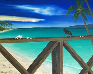 Sharon Ebert; Mynah Bird, 2006, Original Painting Acrylic, 30 x 24 inches. Artwork description: 241   seascape, Fiji, mynah bird, seashells, palm trees, deck, beach, railing, turquise, water, colorful           ...