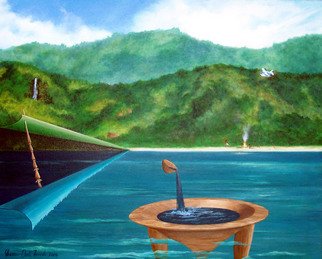 Sharon Ebert; Tanoa, Spear, Plane, 2006, Original Painting Acrylic, 30 x 24 inches. Artwork description: 241      surreal, surrealism, seascape, tanoa, spear, plane, Fijians, Fiji, ocean, sea, fire, fishing, huts, old, new, mountains, waterfall    ...
