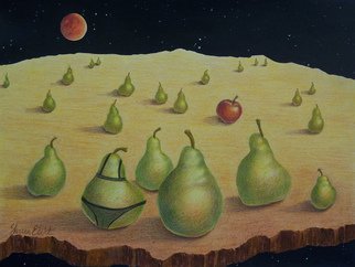 Sharon Ebert; The Pearents, 2011, Original Drawing Pencil, 12 x 9 inches. Artwork description: 241     surreal, surrealism, colored pencil, pears, apple, red moon, stars, space, island, planet, realism, lingerie, yellow, acrylic   ...