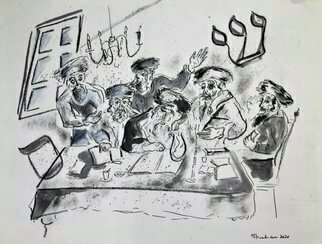 Shoshannah Brombacher; Shas Six Orders Of The Mishnah, 2020, Original Drawing Ink, 24 x 18 inches. Artwork description: 241 The Mishnah is divided in six orders, Shisha Sidrei Mishnah, represented by a shin and a samekh and six rabbis studying the Mishnah.  Note there is a little stain in the top right corner of the drawing caused by oil in the artists studio.  The drawing is ...