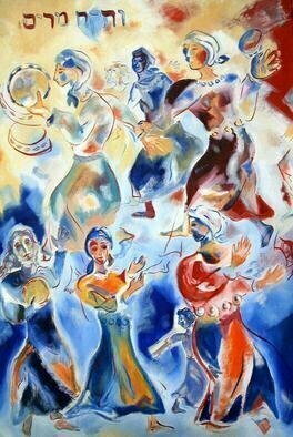 Shoshannah Brombacher, 'Miriam Dancing', 1997, original Painting Oil, 24 x 36  x 1 cm. Artwork description: 1758 This is one of my paintings bout Biblical women.  Miriam, Mosessister, took her tambourine after the Jews got safely on dry land and escaped Pharaoh s heir, and sang an song of praise.  All the Jewish women sang and danced with her. ...