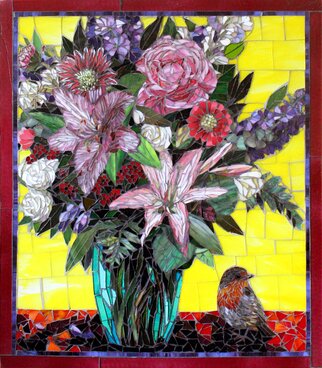 Sandra Bryant; Robin With Lilies, 2022, Original Mosaic, 23 x 26 inches. Artwork description: 241 This lively glass mosaic features intricate floral arrangement with a robin. ...