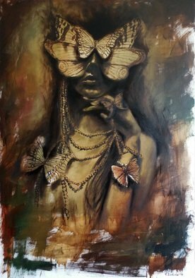 Tatiana Siedlova; Butterfly Girl, 2016, Original Painting Oil, 70 x 100 cm. Artwork description: 241 women, brown, butterfly, girl, jewelry, mask...