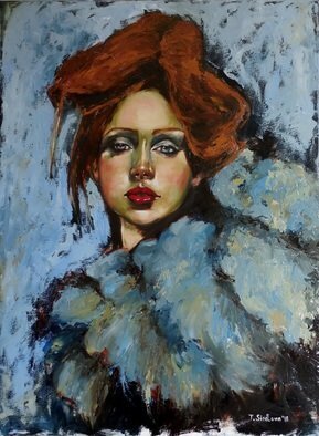 Tatiana Siedlova; Josephine, 2016, Original Painting Oil, 60 x 80 cm. Artwork description: 241 I was born in a thunderstormI grew up overnightI played aloneI played on my ownI survivedHeyI wanted everything I never hadLike the love that comes with lightKeywords: actress, redhead, singer, blue, white, woman, feathers, fur, girl...