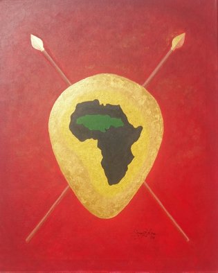 Gregory Roberson; Afrika And Jamaica Linked , 2016, Original Painting Acrylic, 16 x 20 inches. Artwork description: 241   Original acrylic painting on canvas. Part of my Spears and Shield collection. Symbolic and cultural ties between the continent of Afrika and the island of Jamaica.  ...