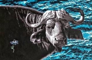 Stephen Hall; Fragile, 2020, Original Painting Acrylic, 4.8 x 3.2 inches. Artwork description: 241 In this painting the first impression is of the magnificent water buffalo, fragile Of course, with the global threat of rising sea levels and droughts due to climate change, all life on earth is fragile not just the wilting daisy depicted on the left....