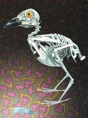 Stephen Hall; Restricted Diet, 2018, Original Painting Acrylic, 2.4 x 3.2 inches. Artwork description: 241 This painting again has an ecological plea to it. The skeletal bird, the plastic bottle with ribbing echoes the ribs of the bird and the background of dying flowers. All in all a concern for our planet. Had I omitted the eye it would be merely a ...