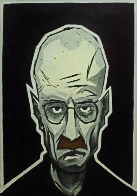 Steve Meyerholz; Mr White, 2017, Original Painting Acrylic, 24 x 36 inches. Artwork description: 241 This painting of Walter WhiteHeisenberg , from the hit television show aEURoeBreaking Bad, aEUR it is on a 24aEURx36aEURx1. 5aEUR stretched canvas.  He is painted in a cartoon style from the shoulders up with high quality black, gray, white and brown acrylic paint.  I chose this style ...