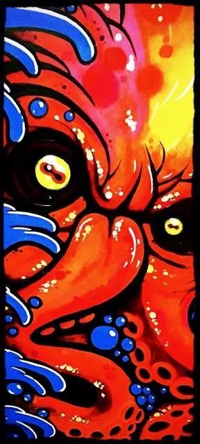 Steve Meyerholz; Octopist, 2018, Original Painting Acrylic, 23 x 47 inches. Artwork description: 241 OCTOPIST is a painting of an Octopus on a 47aEURx23aEUR heavy duty board. The Octopus is really close up, so there is not much of him showing, just two tentacles, his eyes and his forehead. His eyes are red with black pupils, and they look very ...