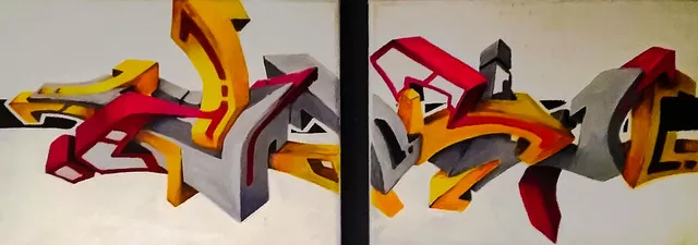 Steve Meyerholz; Split 3d Piece, 2014, Original Painting Acrylic, 19 x 12 inches. Artwork description: 241 This 3D graffiti piece is on 2 separate canvasaEURtm, both 12aEURx19aEUR in size. I originally drew this image on a piece of paper when I was first starting to experiment with the art of 3D graffiti. After I completed the drawing and saw that I mastered ...