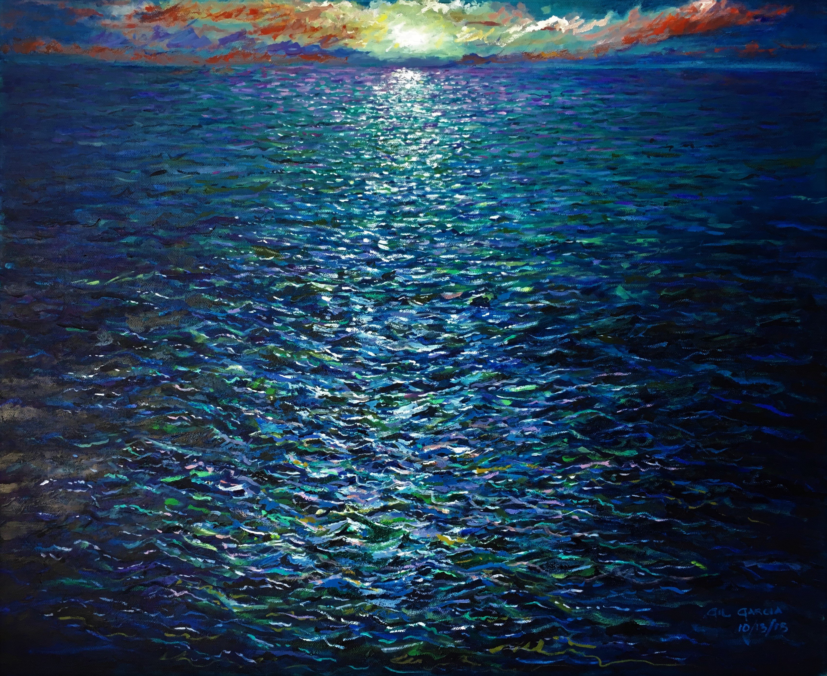 Gil Garcia; Deep Ocean Sunset, 2019, Original Painting Oil, 20 x 16 inches. Artwork description: 241 An impressionistic look at a Deep Ocean Sunset in blues, whites, and greens. ...