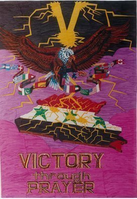 Stephen Vattimo; Victory Through Prayer, 1991, Original Painting Acrylic, 24 x 48 inches. Artwork description: 241  Medium : Water Color Markers on illustration BoardSize 2'x 4'Year completed : 1991This illustration is part of a collection of artwork I did while in the military entitled, 