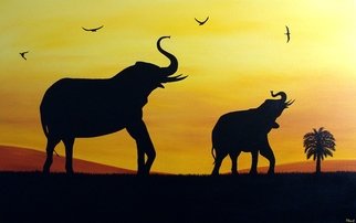 Tanya Hansen; Meeting The Sunset, 2017, Original Painting Acrylic, 48 x 30 inches. Artwork description: 241 Strength, honor, stability and patience, among other attributes - this is all about elephants. Together with a few of African birds, two related elephant, greeted the sunset - so bright, so hot and so tired, but still granting mainly African beasts, profound joy and happiness. This animals brings you ...