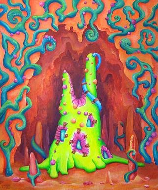 Viktoria Zhornik; Singing Groth, 2013, Original Painting Acrylic, 100 x 120 cm. Artwork description: 241 grotto, home, stone, landscape, cave, plants, creature, surrealism, fantasy, flowers, bright...