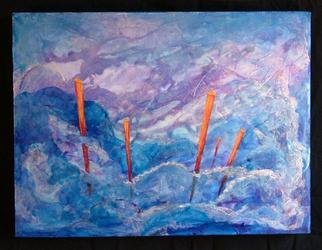 Tary Socha; Five Poles, 2005, Original Painting Acrylic, 16 x 12 inches. Artwork description: 241 An impression of angular boyant poles in contrast with fluidity and movement of ocean waves....