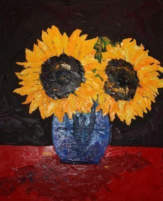 Terri Higgins; The Patience Of Sunflowers, 2010, Original Painting Oil, 24 x 30 inches. Artwork description: 241  Sunflowers in blue vase ...