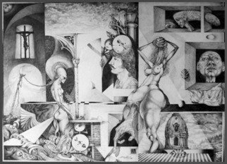 Otto Rapp; Vindobona Altarpiece I, 1993, Original Drawing Pencil, 36 x 28 inches. Artwork description: 241  Overall size with mat and frame. Image size is 30 x 22 inches. The firsat in a series entitled Vindobona Altarpiece. Nr. 2 is in a private collection in Austria. Nr. 3 is in the Artists Collection. ...