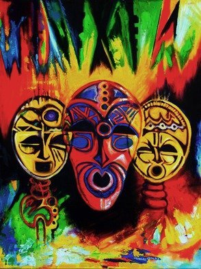 Egunlae Olumide; African Masks, 2013, Original Painting Oil, 90 x 110 cm. Artwork description: 241  everywhere in Africa you see masks. . it is part of the African Culture that cannot be taken away or forgotten. This piece is very original and it is a highly textured painting in oil and acrylic and the original shows more than what you see here ...