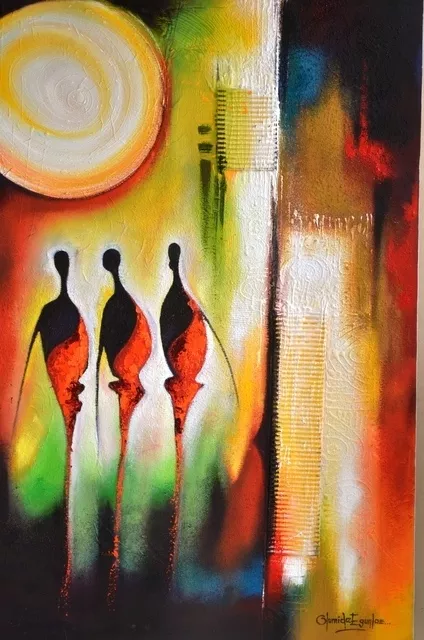 Egunlae Olumide; Massai Discussions, 2019, Original Painting Oil, 75 x 110 cm. Artwork description: 241 Description of the Piecethe painting was influenced by everyday and the ways of life of the Masai men f Kenya.  The painting is highly textures with saw dust, papers, and executed in oil and acrylic...