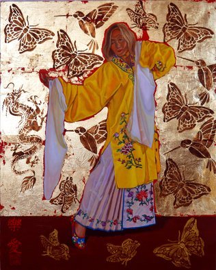 Thu Nguyen; Joyful Love, 2019, Original Painting Oil, 16 x 20 inches. Artwork description: 241  Joyful Love  is an original painting, oil and 24 kt gold leaf on panel, image size: 16 x 20 inches, to be sold with a gold frame.Inspired by ancient Chinese paintings, I would like to present my latest body of work.I have spent months of ...