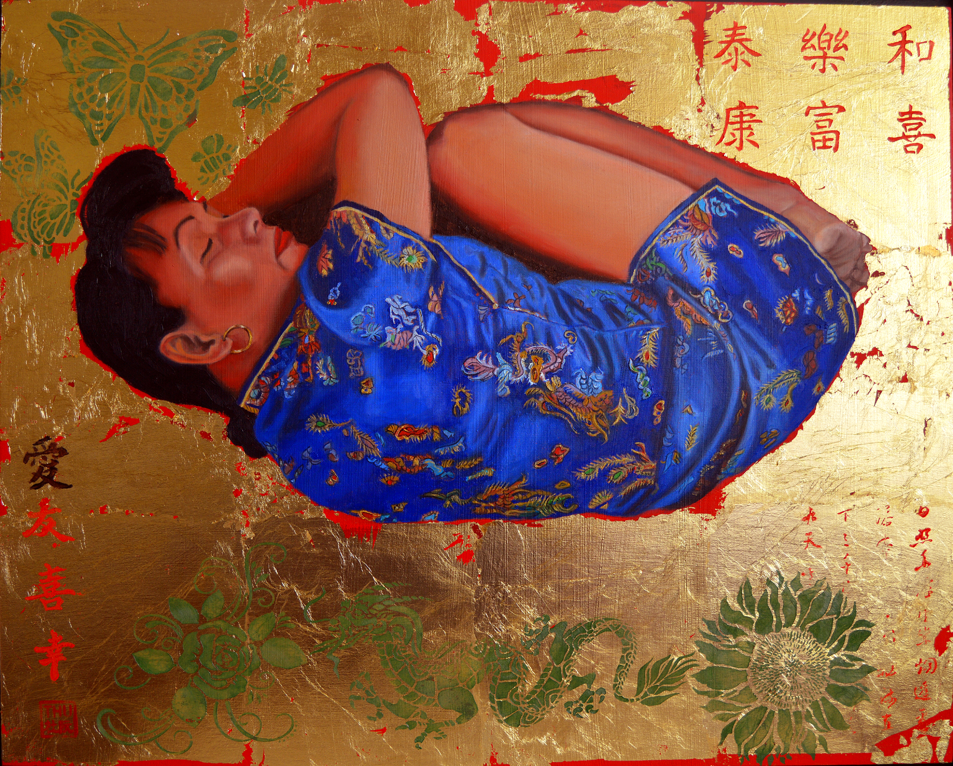 Thu Nguyen; The Dream, 2019, Original Painting Oil, 16 x 20 inches. Artwork description: 241 Painting with the image of a sleeping, crouching Chinese Woman.  Medium- format painting with a combination of different materials and techniques - from relief acrylic to luxurious 24 kt gold leaf.Original paintingThe Dreamby Thu NguyenPainting is created on a panel and has a relief.  The painting ...