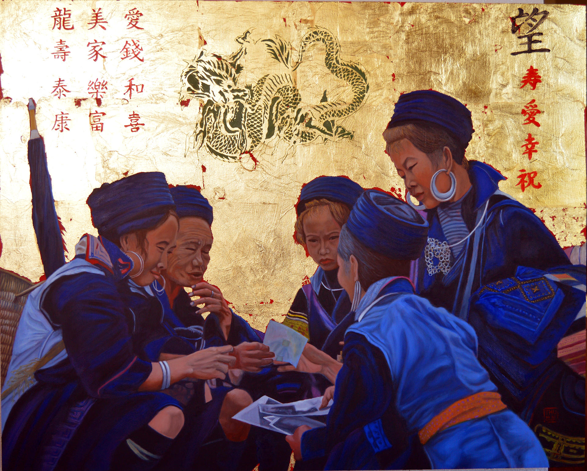 Thu Nguyen; The Meet Market, 2019, Original Painting Oil, 30 x 24 inches. Artwork description: 241 This is an original oil painting.  Titled The Meet MarketMaterial oil and 24 kt gold on panelDimension 24 x 30 inchesA scene of Sapa s market with gathering of Black Hmong Women.  This painting is part of my Sapa SeriesThis body of work inspired ...