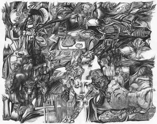 Oleg Lipchenko; Improvisation 9, 2001, Original Drawing Pencil, 16 x 12 inches. Artwork description: 241  The improvisation drawing begins from the random thought and continues following the process of thinking. Sometimes it stops, sometimes - bursts in several directions, leaving on paper lines, spots, images. Memories, something taken from books or movies become the matter of drawing. ...