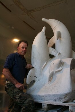 Depasquale Sculptures; TRINITY, 2010, Original Sculpture Stone, 3 x 6 feet. Artwork description: 241  In progress sculpture.  Mother, Father and Baby Dolphins, The Trinity The block weighed 9600 lbs before I started.  6 tall by 3 wide by 3 deep. . . ...