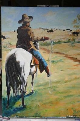 Gerard Bahon; The White Horse, 2011, Original Painting Oil, 24 x 36 inches. Artwork description: 241         Original oil painting . Cowboy on horseback surveying his herd of cows ...