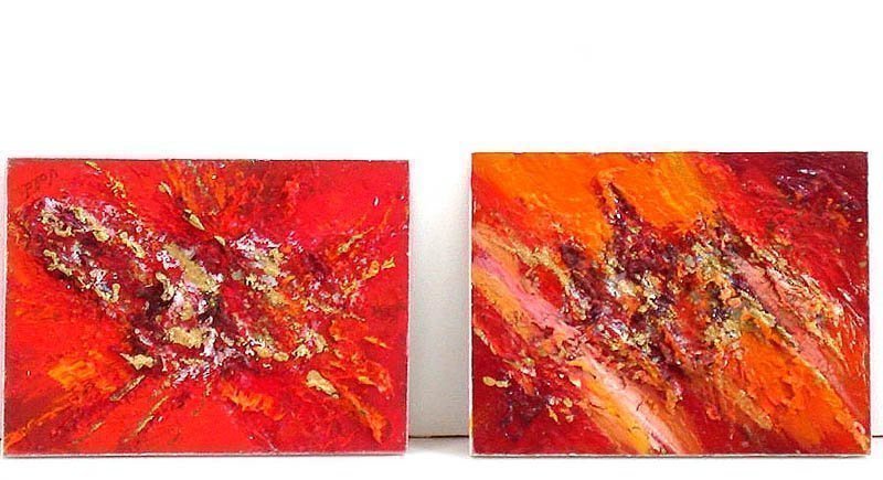 Valda Fitzpatrick; Bursting Flames, 2019, Original Painting Oil, 4 x 3 . Artwork description: 241 These miniature abstract oil paintings are 3x4 inch size each.  They are great for groupings in small size areas.  They might look small , but when displayed, look very eye catching.  the paintings are textured with different sculpted shapes, that I designed , adding touches of gold.Fine art, ...