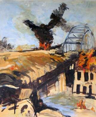 B Van Der Heide; Arnhem, 2011, Original Painting Acrylic, 160 x 190 cm. Artwork description: 241  arnhem, war, fire, smoke, ww2, bridge, war,  ...