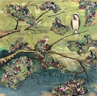 Victoria Velozo; Sparrow Connection, 2019, Original Painting Acrylic, 100.1 x 100 cm. Artwork description: 241 Sparrow Connection_ Victoria Velozo100 x 100 cm or 3. 28 x 3. 28 ftoil paint on canvas with collage...