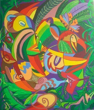 Mimi Revencu, 'Jungle 1', 2010, original Painting Acrylic, 50 x 70  x 2 cm. Artwork description: 1758  jungle  painter birds mirabilism mimirevencu nature ...