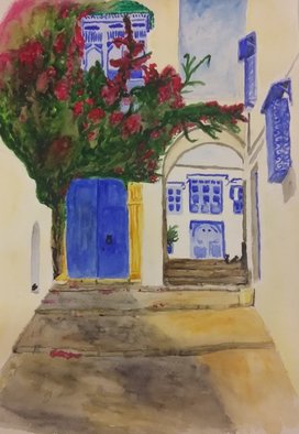 Victoria Zavyalova; White And Blue City, 2016, Original Watercolor, 27 x 42 inches. Artwork description: 241  City, Sidi bu said, town, cat ...