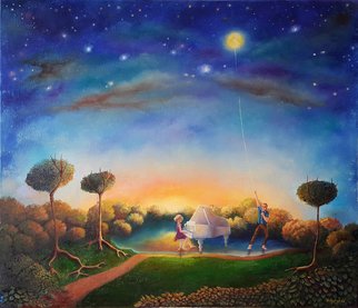 Mariia Voloshyna; Only At Night, 2016, Original Painting Oil, 70 x 60 cm. Artwork description: 241  moonwomenmanlakeskywatestartreefantasy ...