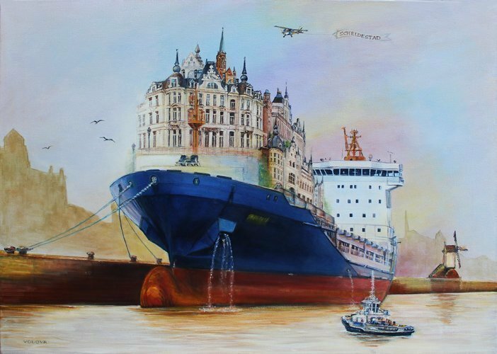 Volova Volova; Scheldestad Antwerp, 2016, Original Painting Acrylic, 70 x 50 inches. Artwork description: 241 city architecture Antwerp haven ship...