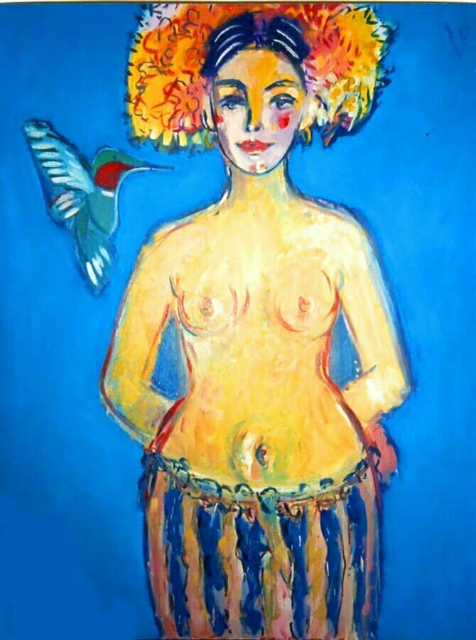 Wayne Ensrud; Figure With Hummingbird, 1980, Original Painting Oil, 36 x 48 inches. Artwork description: 241 Pristine and serene, the model was compelling and exotic. ...