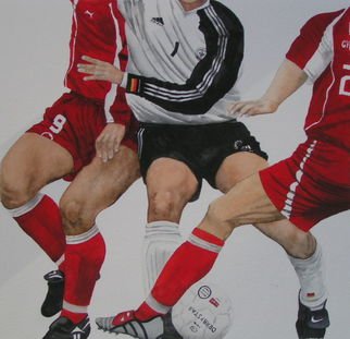 Pim Van Der Wel; Soccermatch, 2006, Original Watercolor, 46 x 56 cm. Artwork description: 241  a soccer moment in a match between Germany and Switzerland. Muscles color and action.  ...