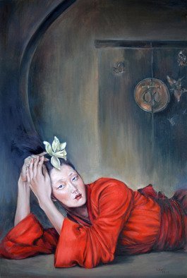 Wenli Liu; Lady In Red, 2013, Original Painting Oil, 24 x 36 inches. Artwork description: 241  Asian lady, Chinese lady, girl, woman, female, Chinese traditional dress, custom, Red, gate, traditional dress, han dress, , flower  ...