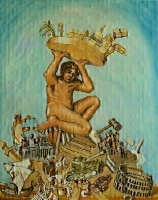 Wendy Lippincott; Balance Of Civilization, 2022, Original Painting Oil, 24 x 30 inches. Artwork description: 241 Allegorical Imagery where the large figure represents  Civilization  and he totters on Many Historical Items.  Suggesting that Civilization is a balancing act.  ...