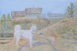 Vladimir Yaskin; Laika Elanka, 2011, Original Painting Oil, 30 x 20 cm. Artwork description: 241  spring, breed of dog laika, Tver region, April, landscape, village     ...