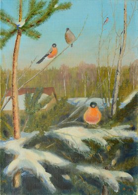Vladimir Yaskin; Spring Is Coming, 2012, Original Painting Oil, 25 x 35 cm. Artwork description: 241   bullfinches, spring, winter, landscape, village      ...