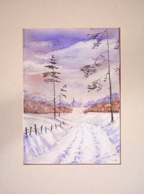 Yulia Schuster; First Snow, 2016, Original Watercolor, 20 x 28 cm. Artwork description: 241 This is one of my watercolour landscape paintings. Painting size 20 x 28cm set in 30 x 40 cm acid free cream white mount and ready to place in standard 30 x 40 cm frame .COMES UNFRAMEDUsing artists  quality paints and paper. It is signed and ...