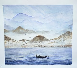 Yulia Schuster; Fishing, 2016, Original Watercolor, 33 x 29 cm. Artwork description: 241 This is one of my original fine art landscape watercolour paintings. Using artists  quality paints and paper. It is signed and dated on the front  beach scene  landscape painting  season painting  watercolor landscape painting  watercolor landscape  watercolor on paper blueboatchildchildhoodchildrenlandscapeoceanreflection...
