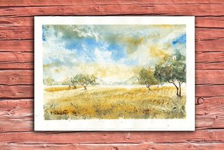 Yulia Schuster; Heat, 2016, Original Watercolor, 25 x 17 cm. Artwork description: 241 This is one of my watercolour landscape paintings. COMES UNFRAMEDUsing artists  quality paints and paper. It is signed and dated on the front  original watercolor  rural houses  rural landscape  watercolor landscape autumnautumnalbluefamilyfieldsharvesthouselandscapemontainsmountainpeopleroadruralsavannahtree...
