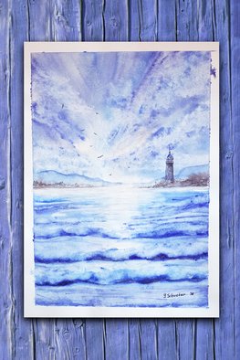 Yulia Schuster; Lighthouse, 2017, Original Watercolor, 25 x 35 cm. Artwork description: 241 This is one of my original fine art landscape watercolour paintings. Using artists  quality paints and paper. It is signed and dated on the front beach scene  landscape painting  sea harbor  sea horse  season painting  watercolor landscape painting  watercolor landscape  watercolor on paper bluechildhoodlandscapelighthouse...