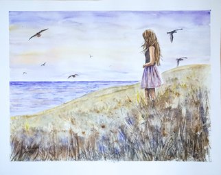 Yulia Schuster; Nostalgia, 2016, Original Watercolor, 38 x 31 cm. Artwork description: 241 This is one of my original fine art watercolour paintings. Using artists  quality paints and paper. It is signed and dated on the front beach scene  landscape painting  season painting  watercolor landscape painting  watercolor landscape  watercolor on paper birdbluechildchildhoodgiftgirllandscapelovenostalgia...