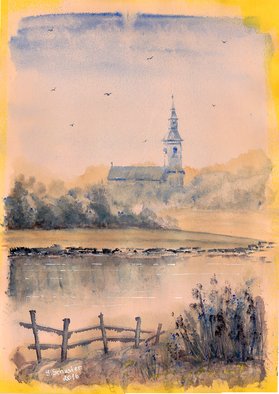 Yulia Schuster; Old Church, 2016, Original Watercolor, 24 x 34 cm. Artwork description: 241 This is one of my watercolour landscape paintings. Made on yellow paper which was primed with a watercolor ground. COMES UNFRAMEDUsing artists  quality paints and paper. It is signed and dated on the front  country landscape  lake district  original watercolor  rural houses  rural landscape  rural scene  ...