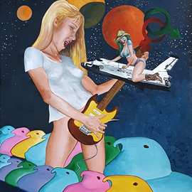 Aarron Laidig: 'the illusory rockstar', 2017 Acrylic Painting, Surrealism. Artist Description: The illusory rockstar is an allegorical surreal bit of fun focusing on the imagination of a girl at home. This painting is on loose canvas measuring 16  wide x 20  high and would require framing or mounting to be displayed. Loose canvas paintings such as this are shipped ...
